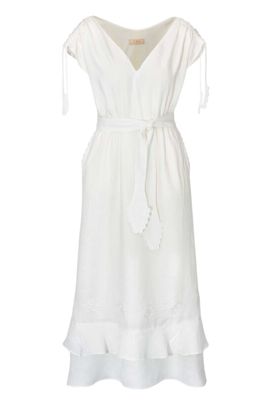 Produktbild: SOLID LINEN Leinenkleid mit Bindegürtel in weiß.