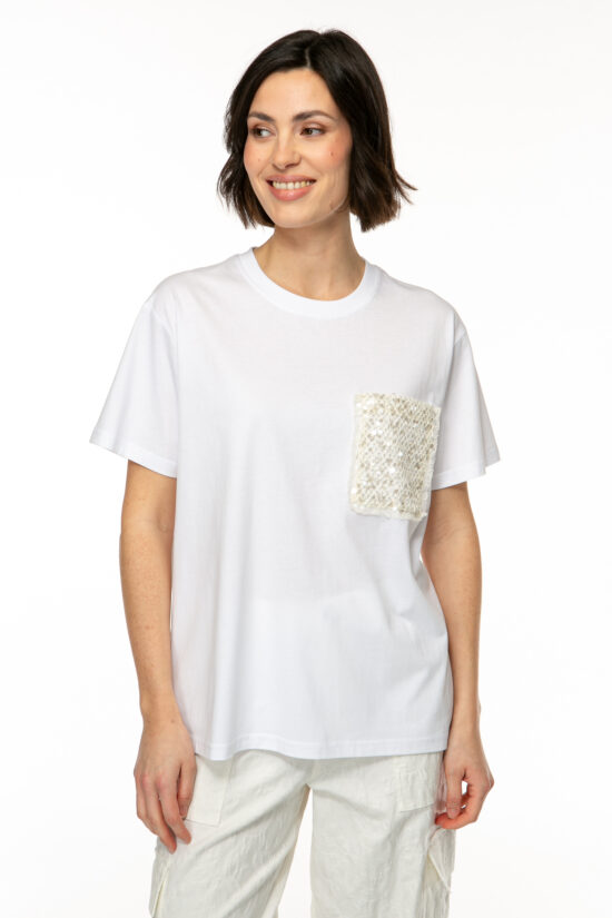 Produktbild: FANCY T-Shirt mit Paillettentasche auf weißem Hintergrund. Bild von vorne.
