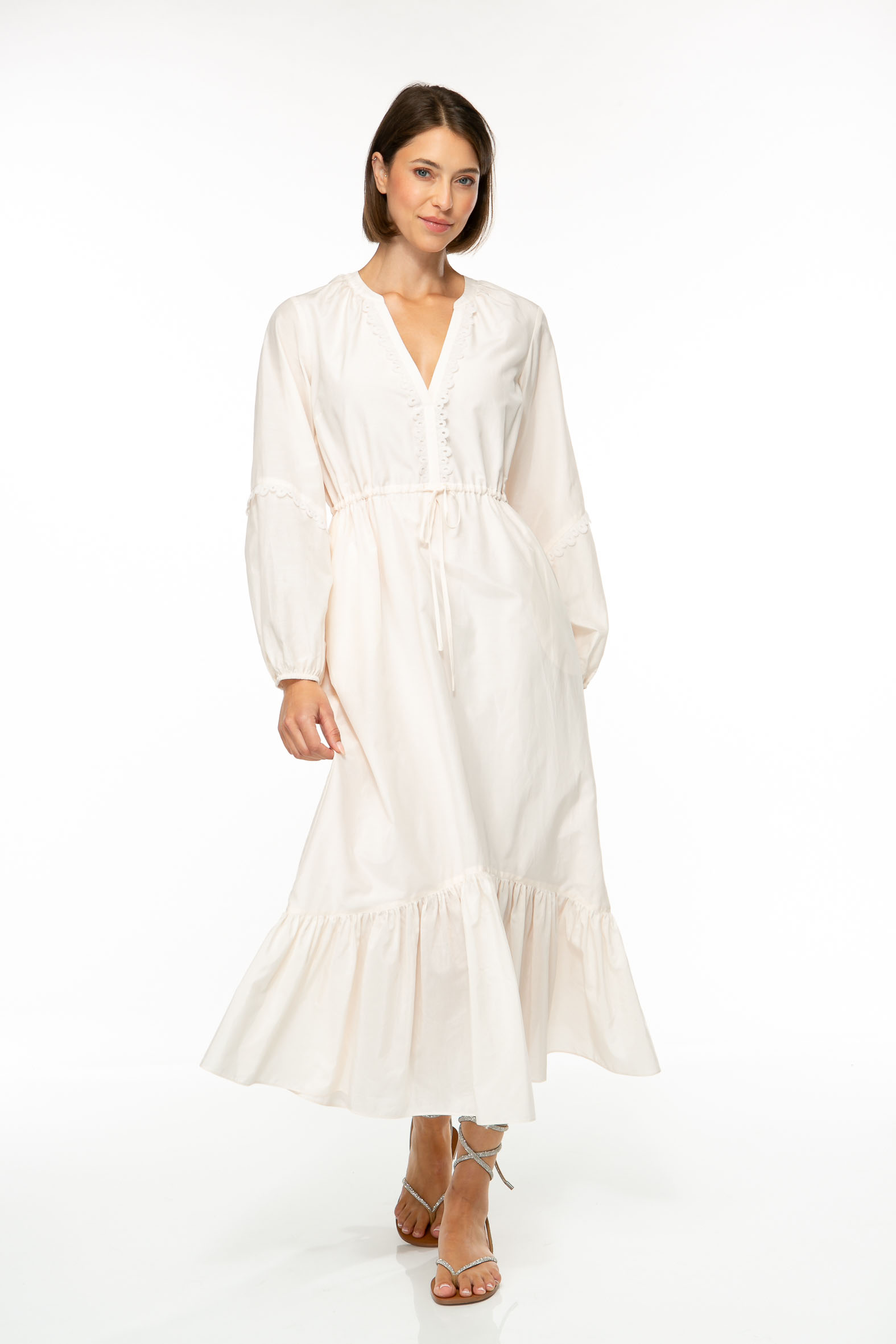 M57_4444 Produktbild: COTTON SILK Midikleid in ivory. Bild von vorne.