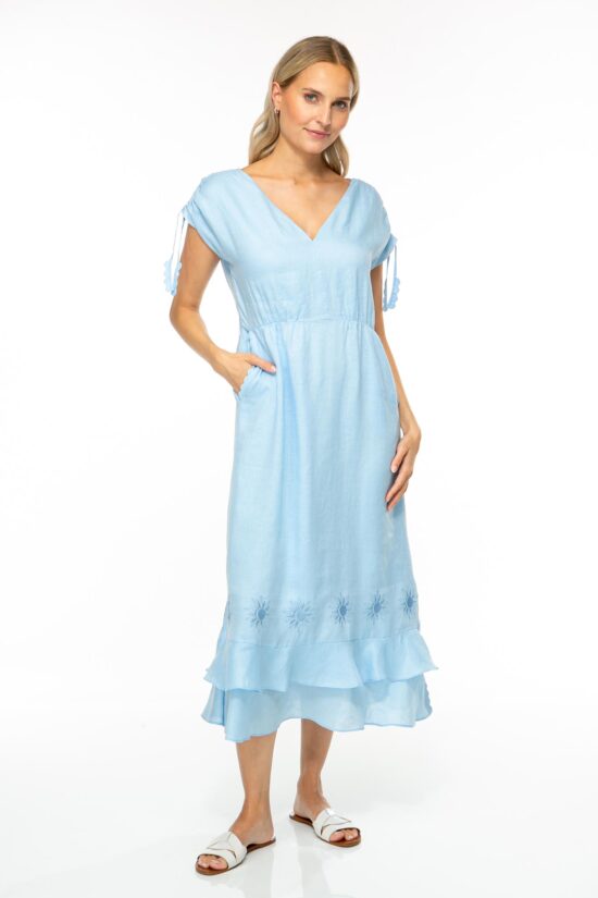 Produktbild: SOLID LINEN Midikleid in himmelblau. Bild von vorne.