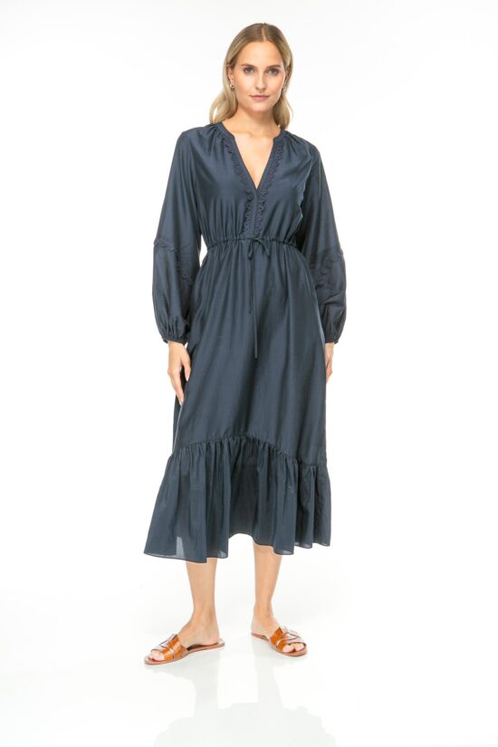 Produktbild: COTTON SILK Midi Kleid in midnight. Bild von vorne.