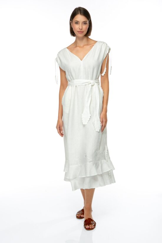 Produktbild: SOLID LINEN Midikleid in weiß. Bild von vorne.