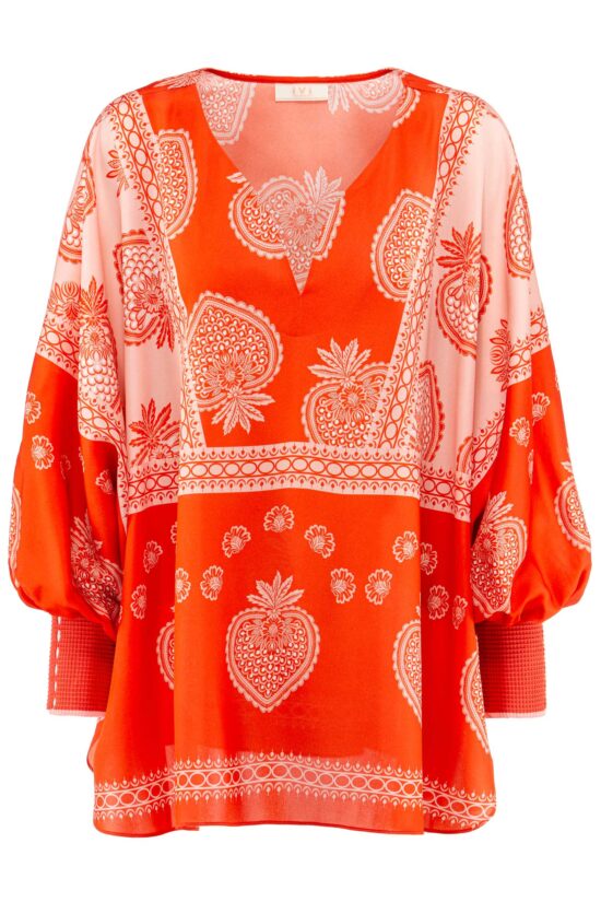 Produktbild: STRAWBERRY Seidentunika mit Erdbeerprint in rot.