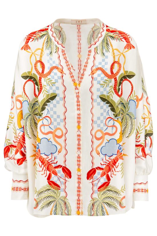 Produktbild: SUNSHINE Tunika als Blusen Variante mit V-Blende und durchgehender Knopfleiste und platziertem Print.