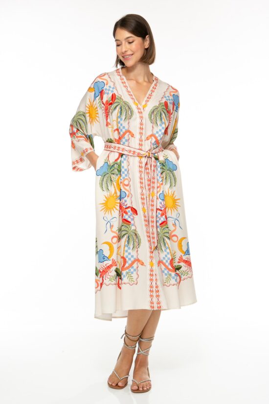 Produktbild: SUNSHINE Kaftan Kleid mit sommerlichen Elementen auf weißem Hintergrund. Bild von vorne.