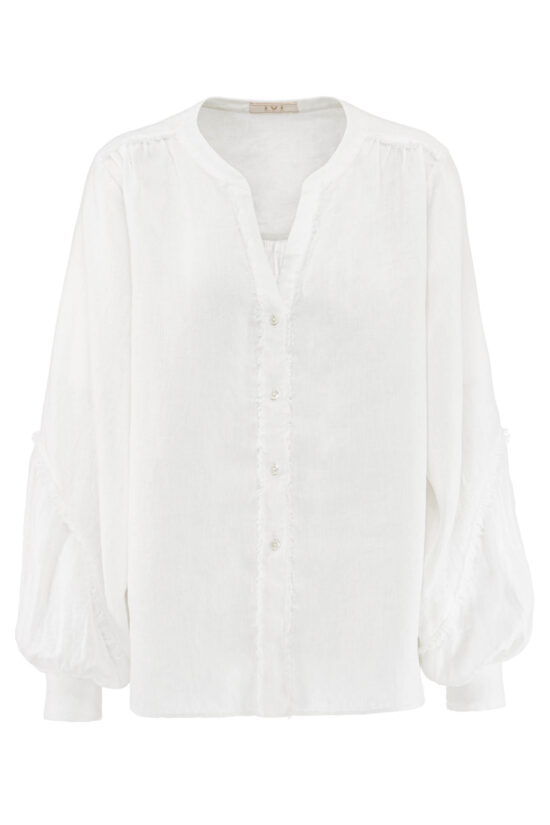 Produktbild: SOLID LINEN Leinenbluse in weiß mit kleinen Fransendetails.