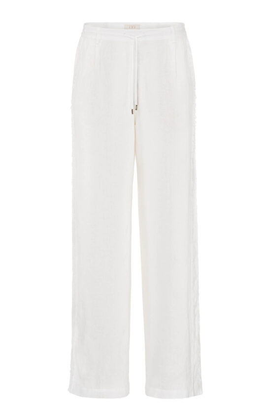 Produktbild: SOLID LINEN Leinenhose in weiß mit kleinen Fransendetails.