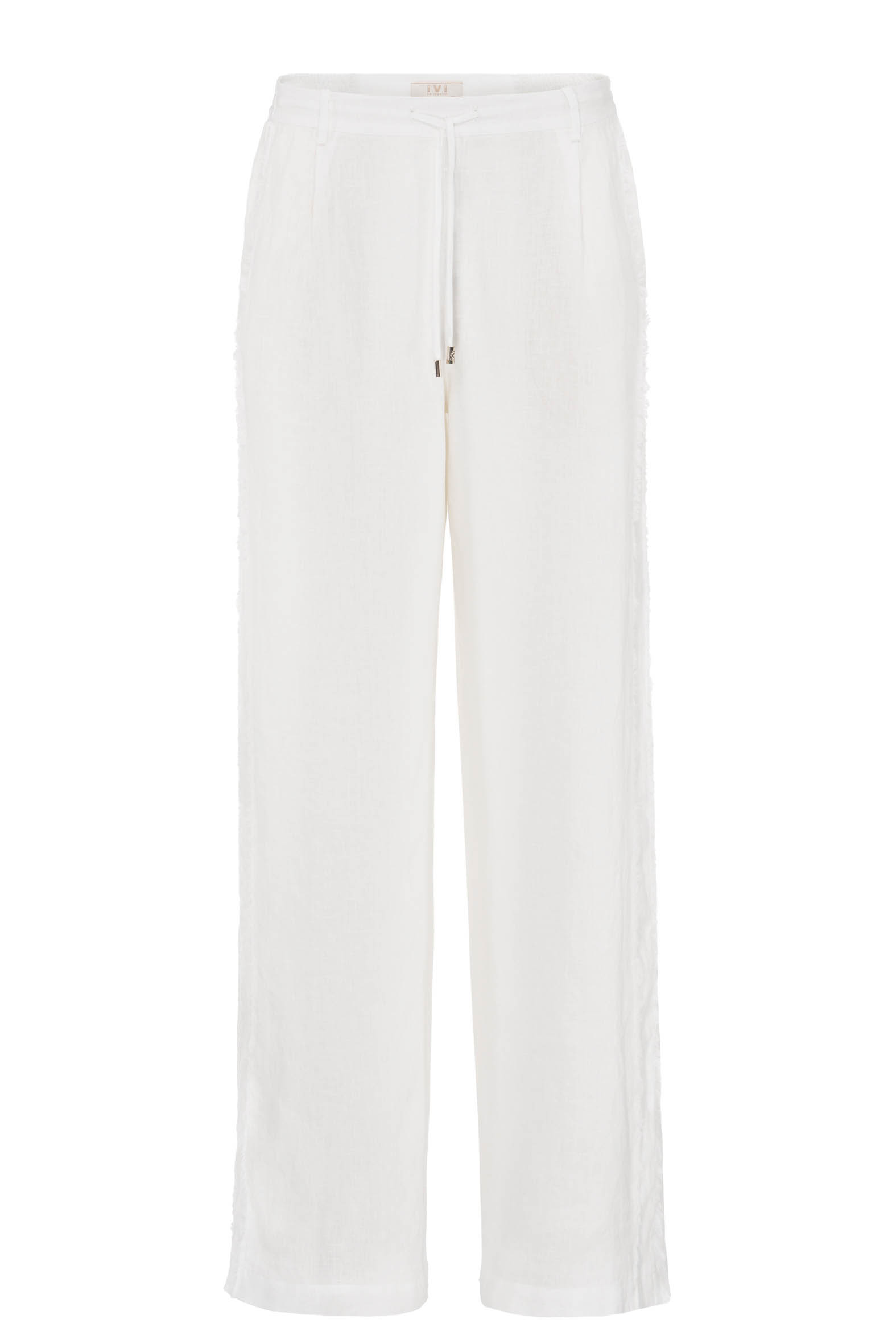 SOLID-LINEN_26205096_pants_white new-2 Produktbild: SOLID LINEN Leinenhose in weiß mit kleinen Fransendetails.