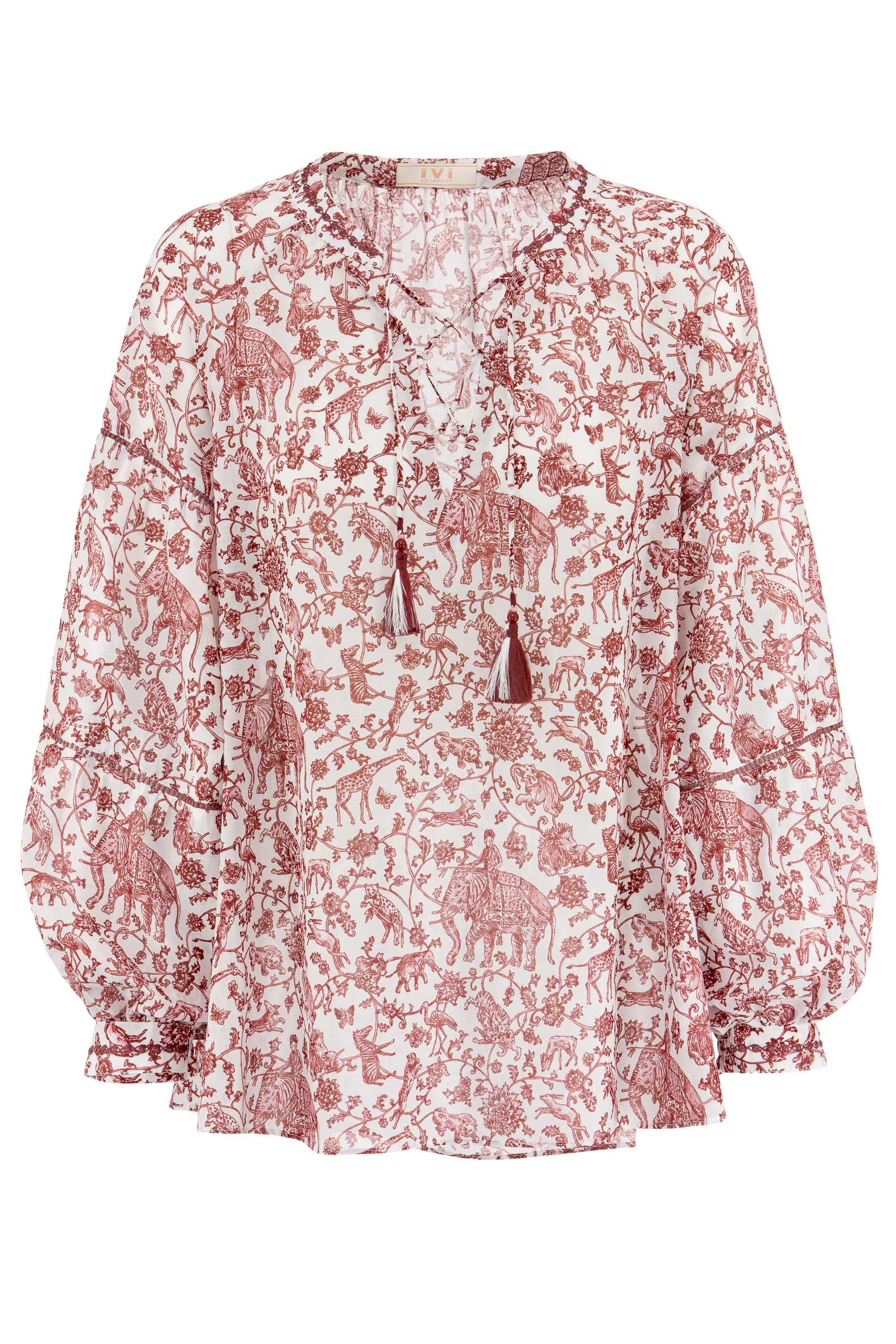 WILDLIFE-26201045_bordeaux Produktbild: WILDLIFE Baumwollbluse mit rotem Print auf weißem Hintergrund.